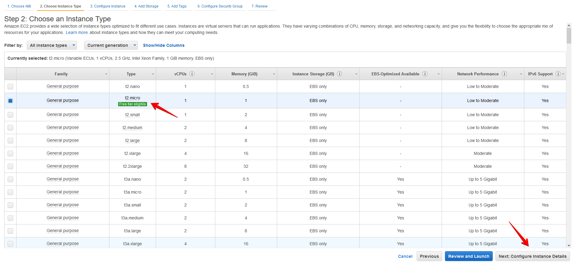 Step 2 choose instance type
