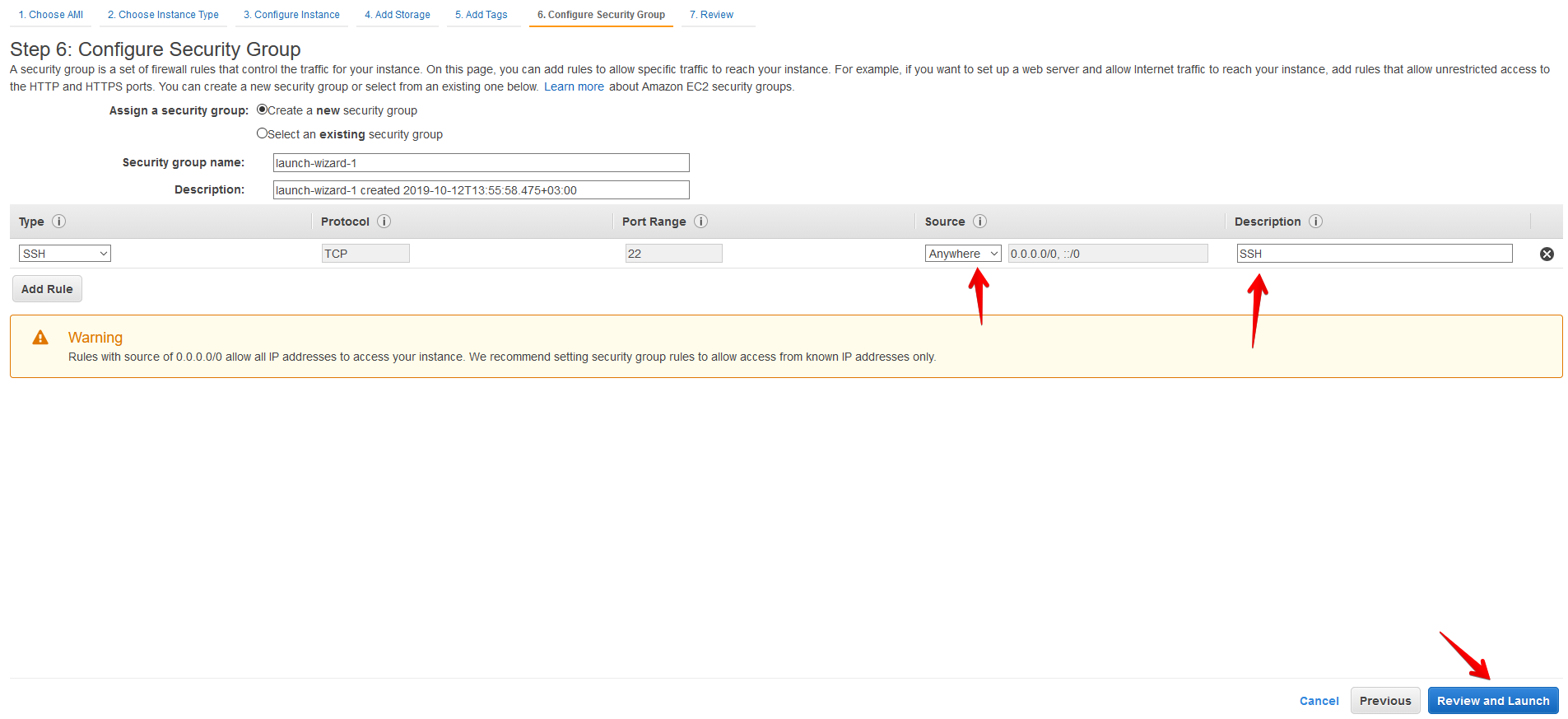 Step 6 configure security group