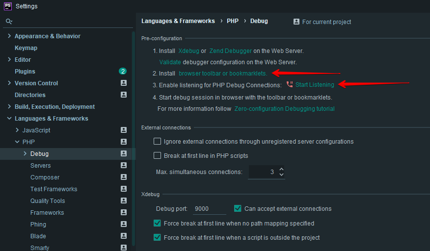 phpstorm debug settings