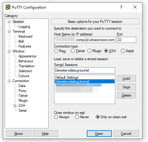 putty configuration new session