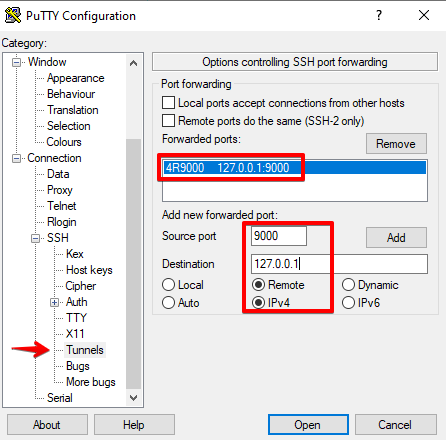 putty configuration tunnels